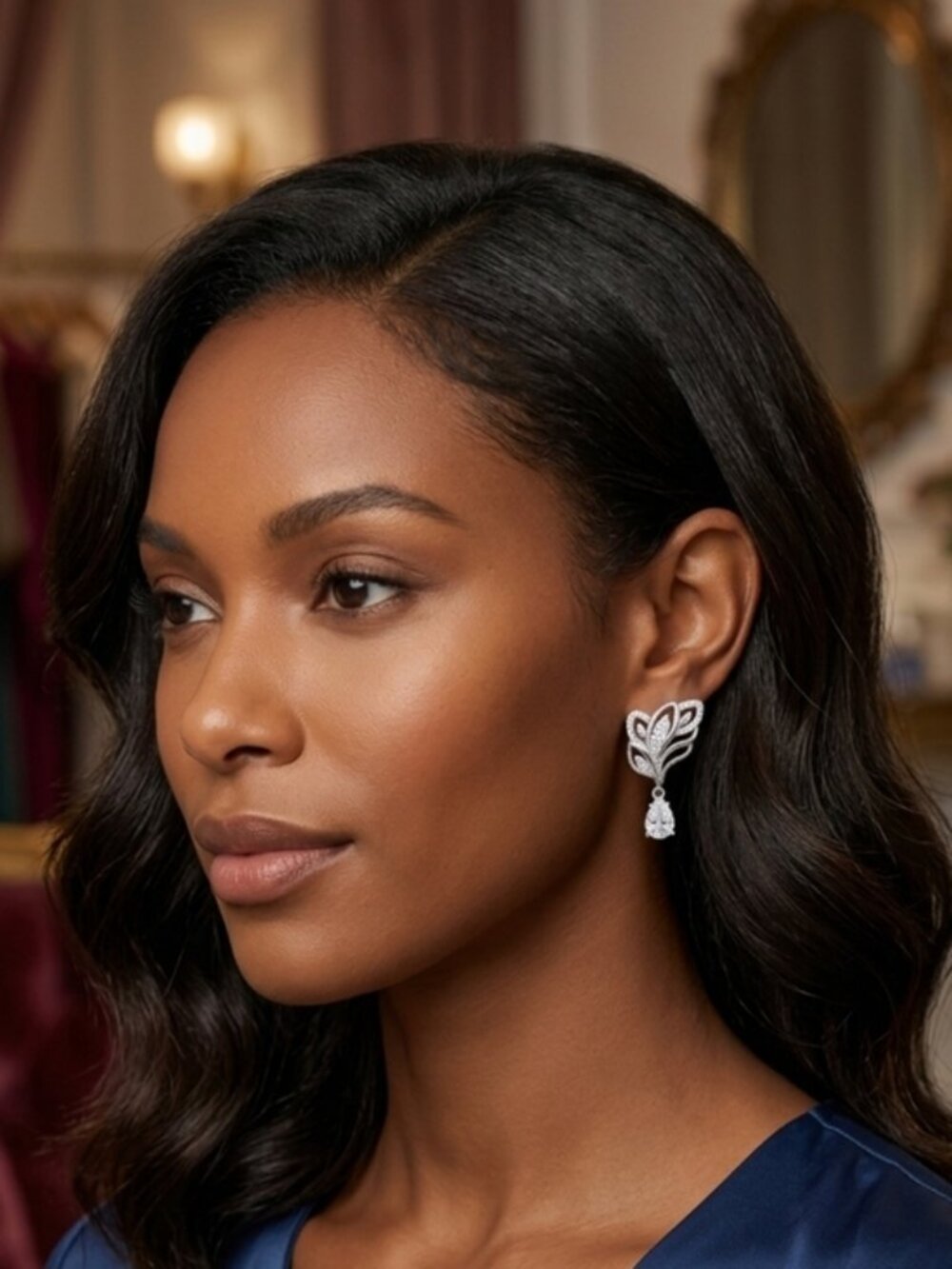 Winged Crystal Leaf Drop Earrings - Picture 3 of 6
